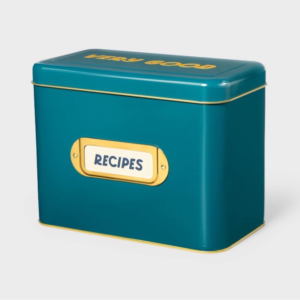 Metal recipie box with Blank recipe cards teal tabhita brown